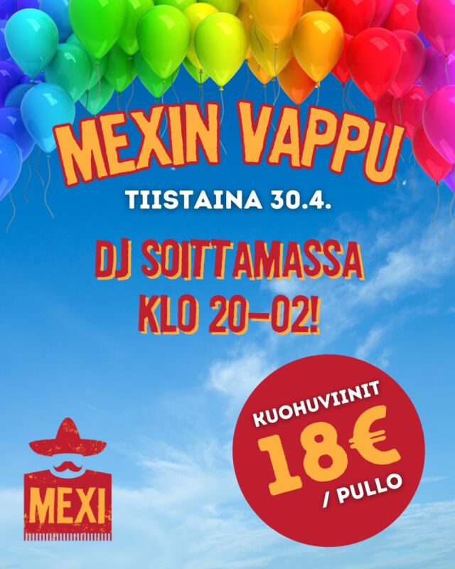 Tervetuloa vapun vietoon Mexiin tiistaina 30.4. ❤️ Meillä juhlan kunniaksi kuohuviinit tarjouksessa 18e/pullo! 🍾 Paikalla myös DJ soittamassa klo 20-02! 🎶

#ravintolamexi #töölö #vappu